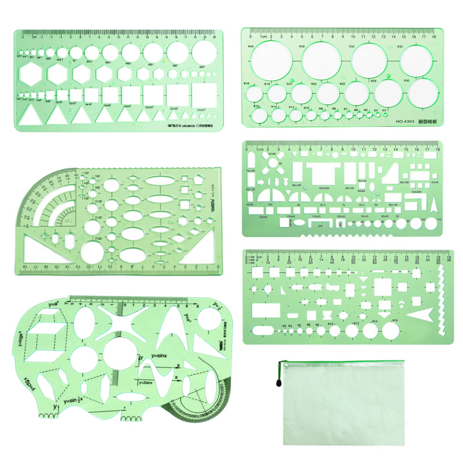 Geometric Stencils, 1-18cm Measuring Templates Green Plastic Transparent Multiple Shapes Geometric Template Drawing for Painting Measurement Kids Architect School 6pcs, with A5 Zip Bag 1pcs