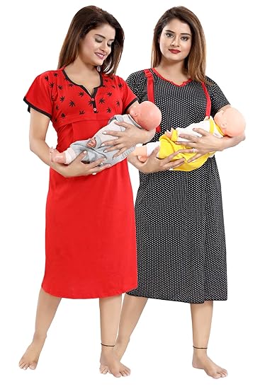 Multicolor Cotton Women Short Maternity Nighty for Feeding (Pack of 2) - Free Size