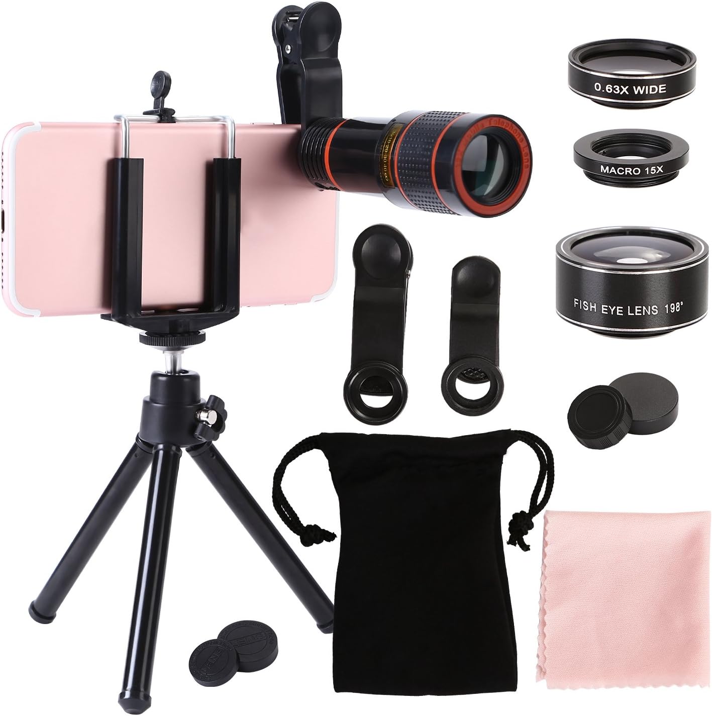 XMTIKO 4x Lens Fish Eye Lens Wide Angle Lens Macro Lens Extension Tube for Cell Phone Camera for iPhone, Samsung Huawei HTC Sony Black