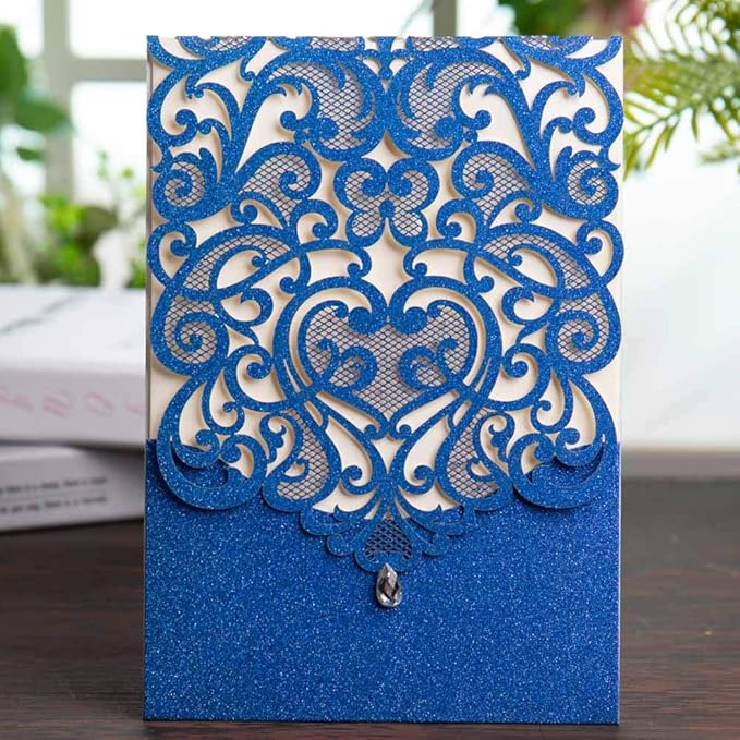 Laser cut wedding invitations blue invitations set with envelopes gold Amazon.com: Wishmade 20pcs Royal Blue Laser Cut Wedding Invitations