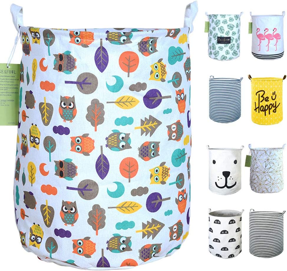 SEAFOWL 19.7" Collapsible Laundry Basket,Round Canvas Waterproof Large Storage Basket. (Owl)