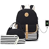 Pawsky School Backpack for Teen Girls/Women, Cute College Bookbag Set Canvas Stripe Backpack with Lunch Bag Pencil Bag, Black