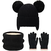 FENELY 3Pcs Kids Winter Hat Scarf Gloves Set, Children Knit Warm Ear Cap with Gloves Neck Warmer for Boys Girls 3-10 Years