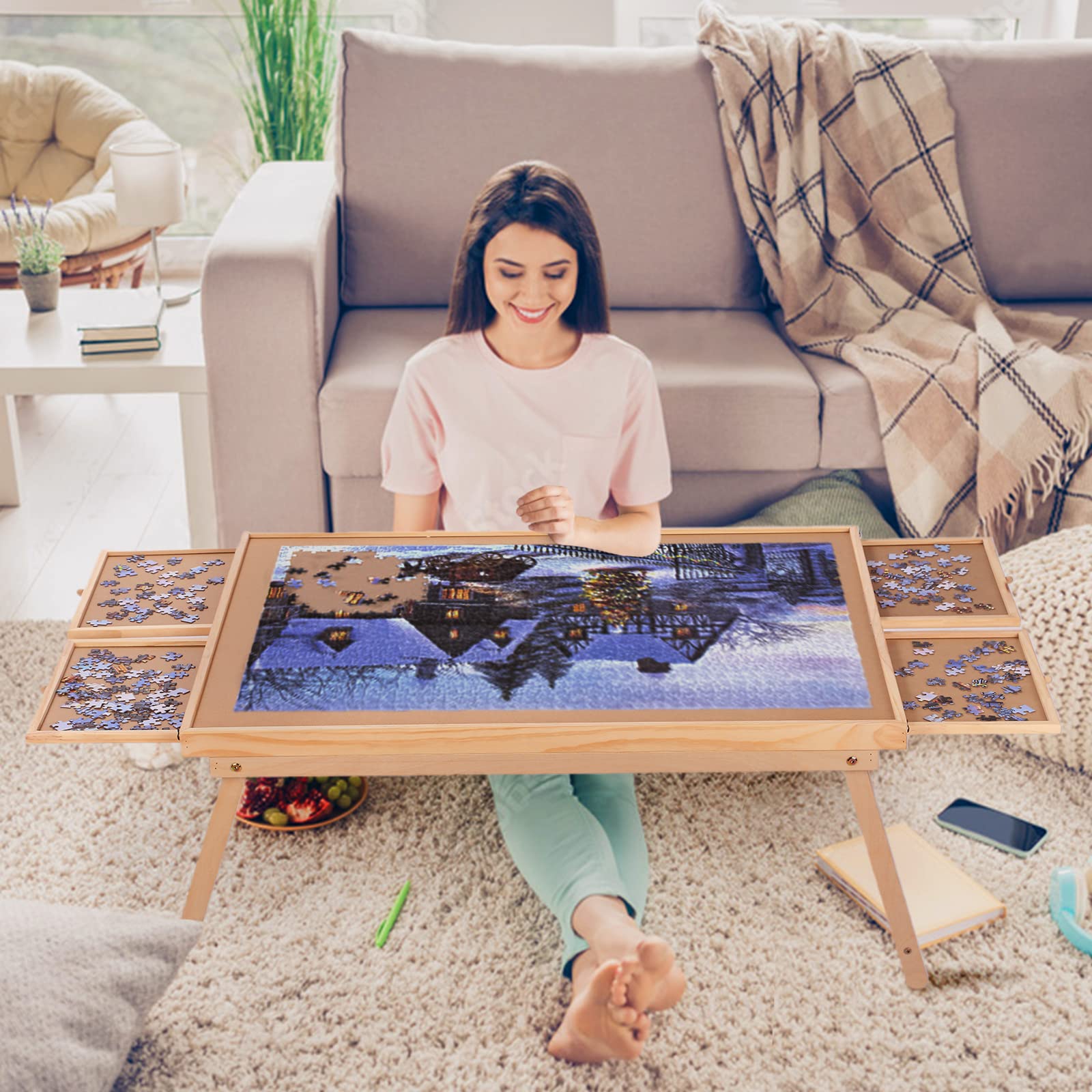 Yacona Puzzle Board 1500 Pieces,34.3”x 26.5” Jigsaw Puzzle Table with 4 Drawers and Cover,Portable Board GameTable with Folding Legs for Adults and Teens