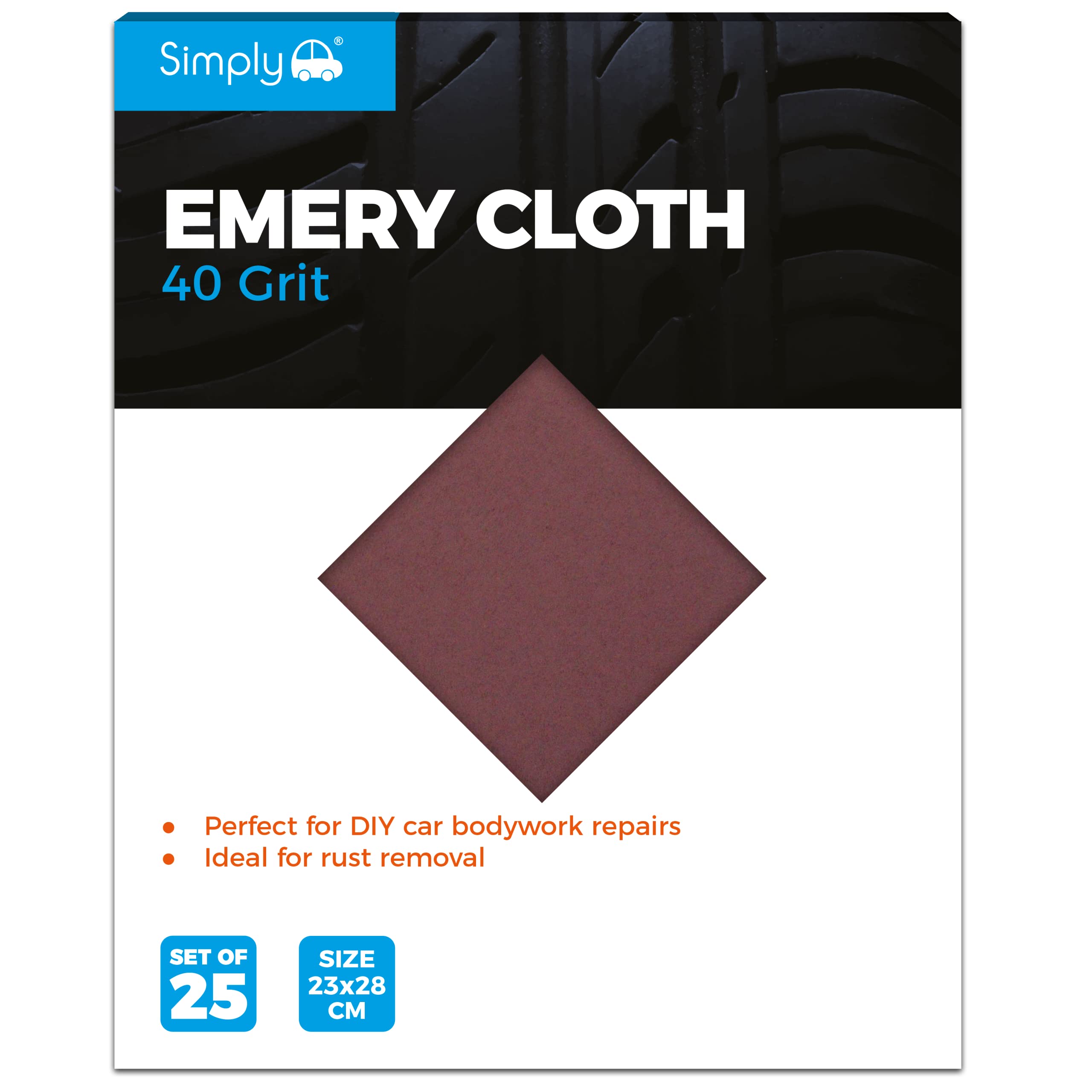 Simply EMC40 40 Grit Emery Cloth - Pack of 25 - Perfect for DIY Car Bodywork Repairs, Machine, Manual Sanding, Furniture and Home Improvement