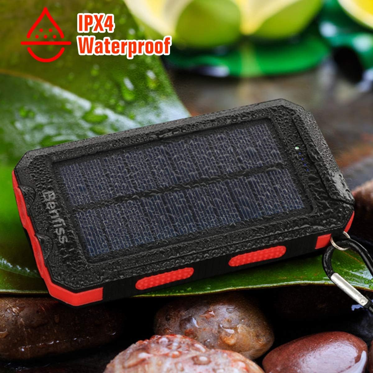 Solar Charger 20000mAh, BENFISS Ultra-Portable Durable Solar Power Bank with 2 USB Output 2 LED Flashlight and Compass, Waterproof Solar Battery Pack for Outdoor Activities/Emergency (Red): Home Audio & Theater