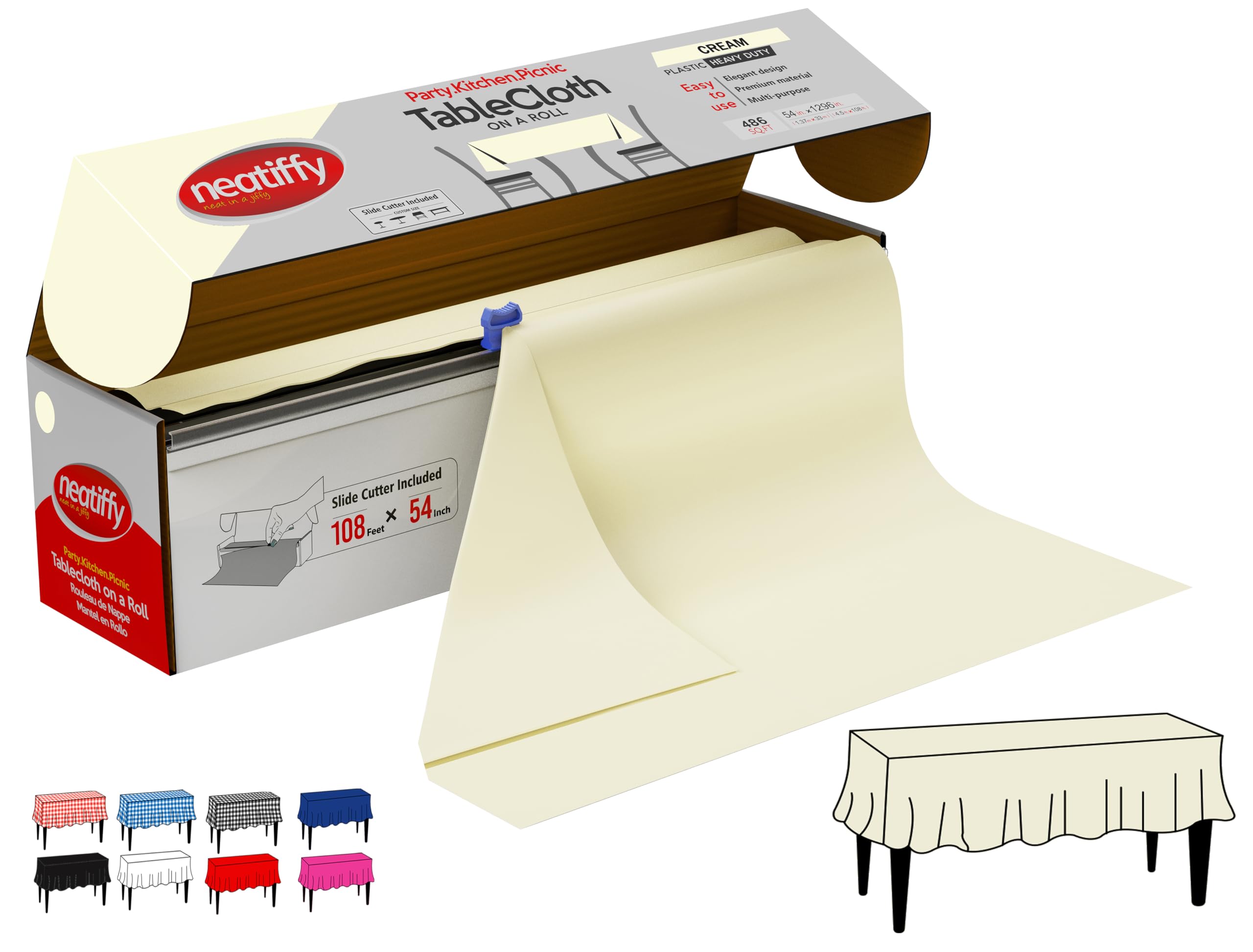Neatiffy Disposable Plastic Table Cloth Roll |Waterproof Tablecloth | Table Cover For Rectangle, Square, Round Oval Tables | Picnic, Party, Banquet, Birthdays - 54 In x 108 Ft (Ivory)