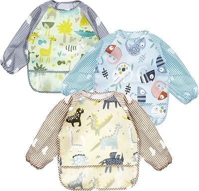 PandaEar 3 Pack Waterproof Sleeved Bibs with Long Sleeves Lizard