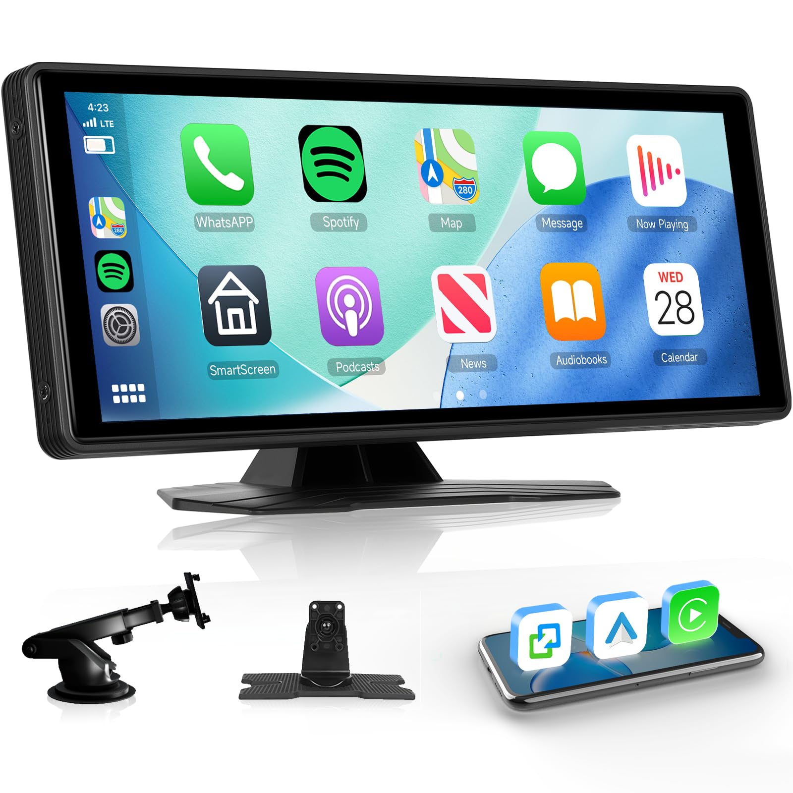 Photo 1 of 10.26” Wireless CarPlay Screen Portable Car Stereo, Upriding Wireless Android Auto Mirror Link, 1600x600 IPS Touchscreen, Voice Control, Navigation, Bluetooth, Plug n Play