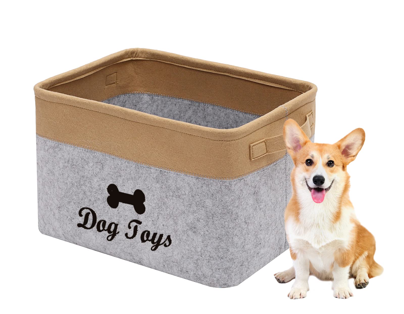 Geyecete Dog Toys Box Storage Bins Basket-Pet Toy and Accessory Storage Bin,Foldable felt Organizer Storage Basket for Pet Toys,Blankets-Light Gray/Khaki