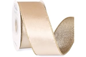 Ribbli Light Champagne Velvet Ribbon Wired 2.5 Inch Glossy Velvet with Champagne Glitter Christmas Ribbon for Tree Decoration Big Bow Gift Wrapping Crafts Wreaths Supplies - Continuous 10 Yards