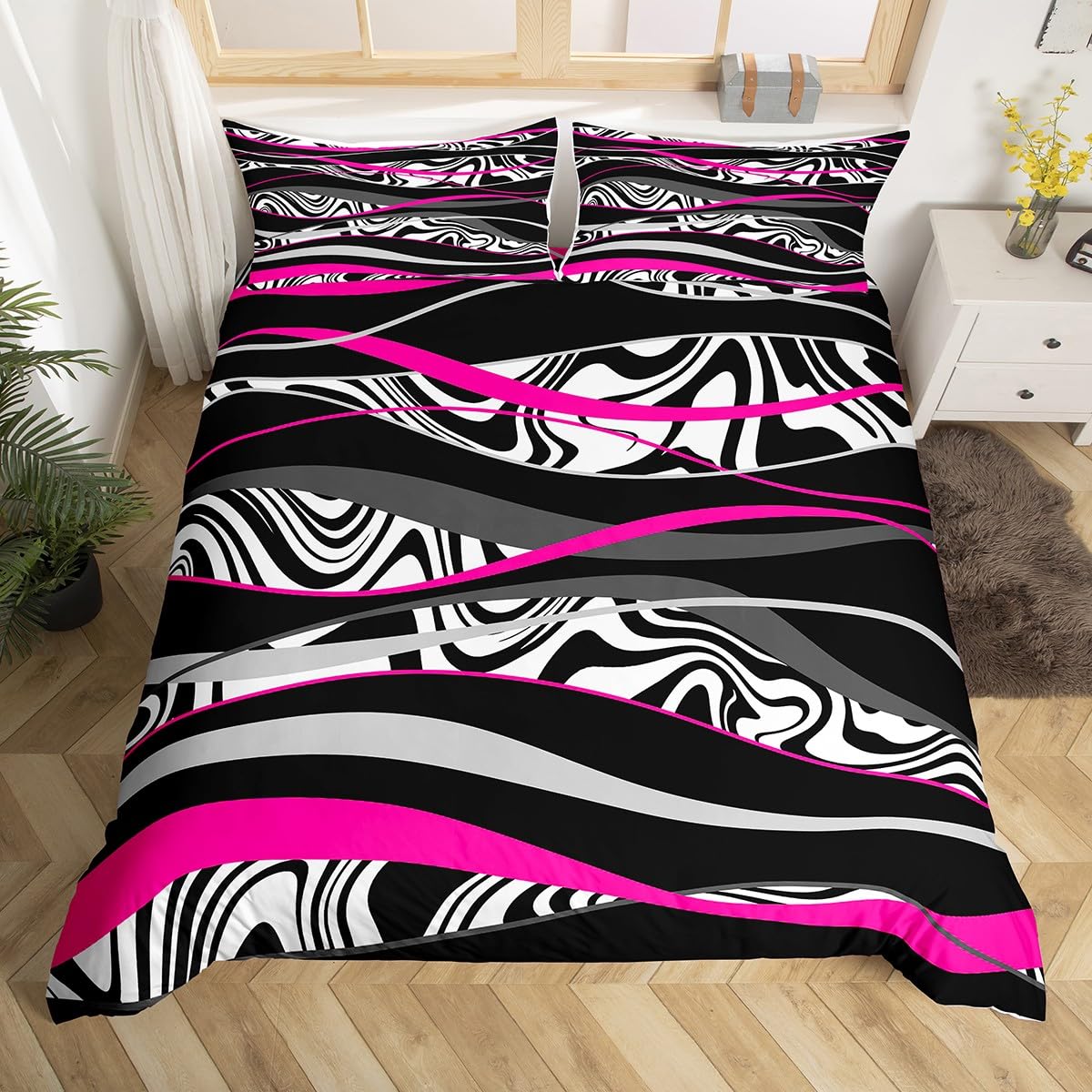 Geometric Rose Duvet Cover Set Double Size, Black White Grey Stripe Bedding Set 3pcs for Kids Boy Girls Room Decor, Modern abstract Comforter Cover Soft Polyester Quilt Cover with 2 Pillowcases