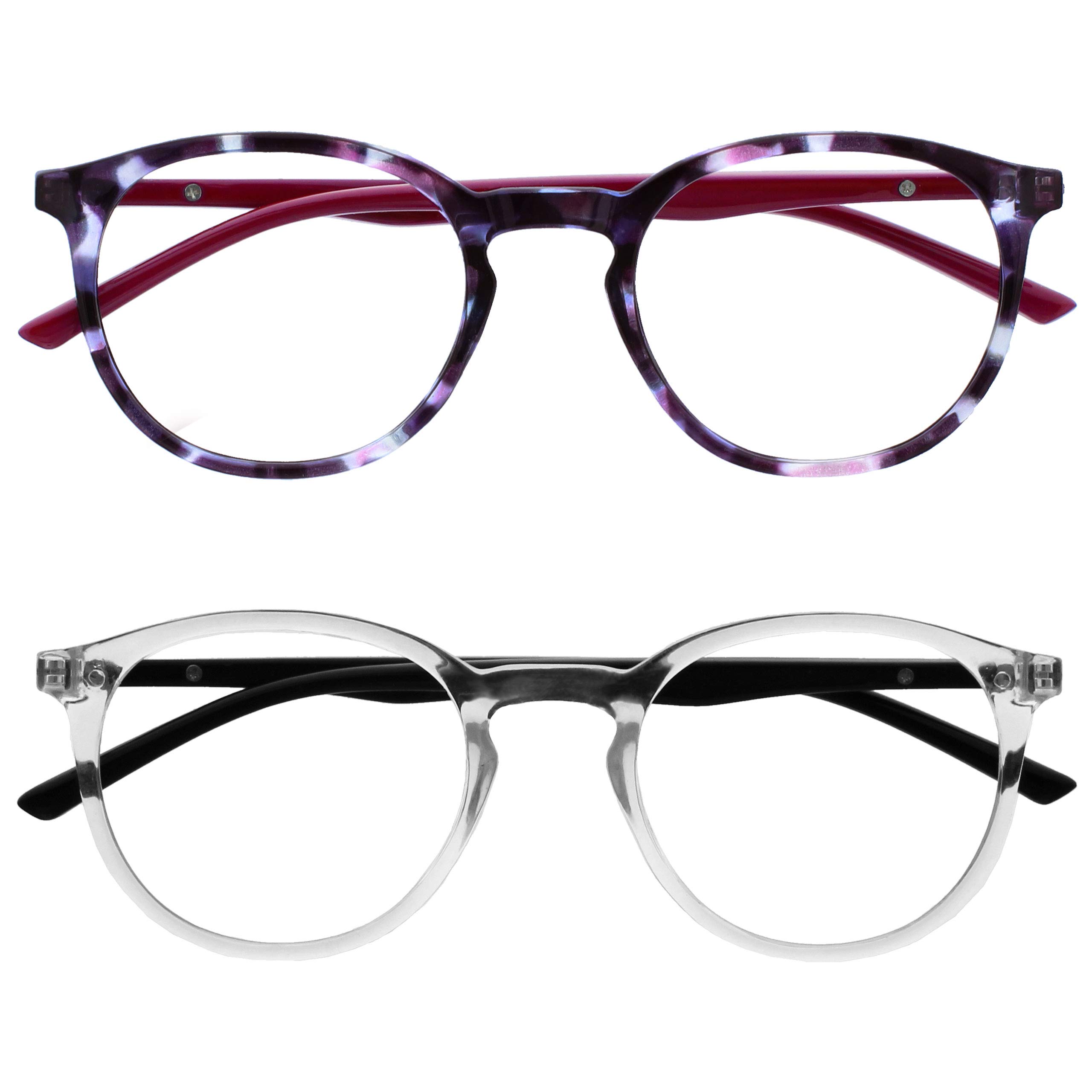 OPULIZE MET Blue Light Blocking Reading Glasses for Women Men, Slim Round Frame with Scratch Resistant and Spring Hinges, Computer Glasses with Anti-Reflective, Purple,Clear +0 (Pack of 2)