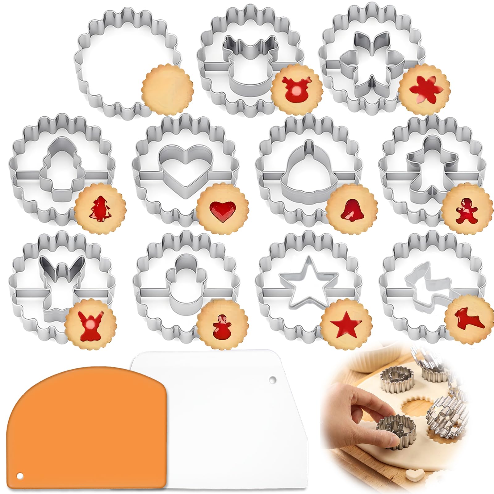 11 pcs Christmas Cookie Cutters Set with 2 Cake Scraper, VEINARDYL Mini Christmas Holiday Stainless Steel Cookie Cutters for Baking, Christmas Tree, Snowman, Elk, Gingerbread Man, Snowflake, Angel