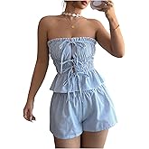 WDIRARA Women's Striped 2 Piece Set Tie Front Ruffle Bandeau Shorts Outfits