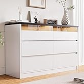 Jocoevol White Modern 6 Drawer Dresser for Bedroom with LED Light, Large Chest of Drawers with Hidden Handles, Long Double Wo