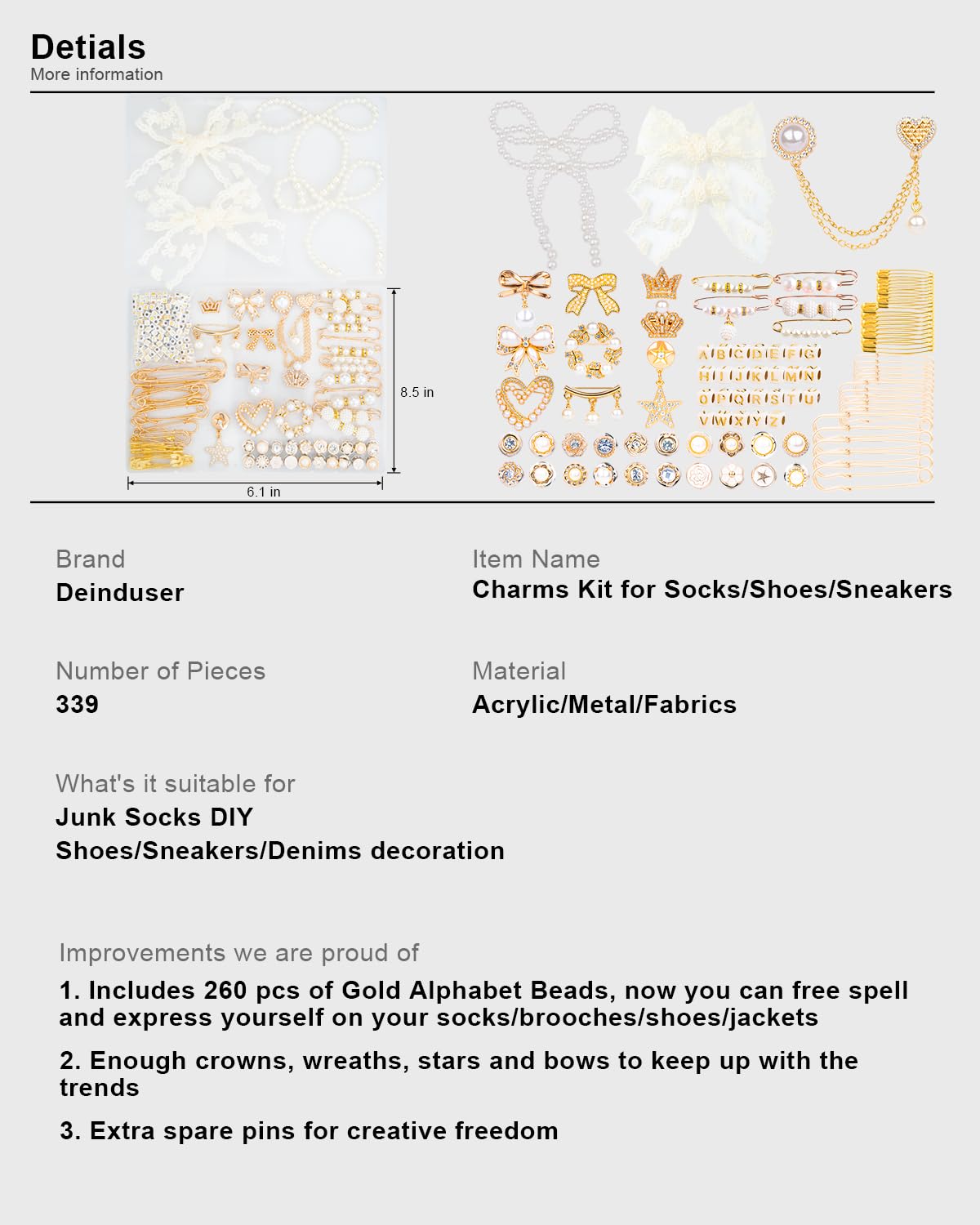 Deinduser Shoe Charms for Sneakers, Junk Socks Charms Kit for Women, Bling Junk Sneaker Charm Set, Gold Shoelace Charm with Pearl Bows and Letters