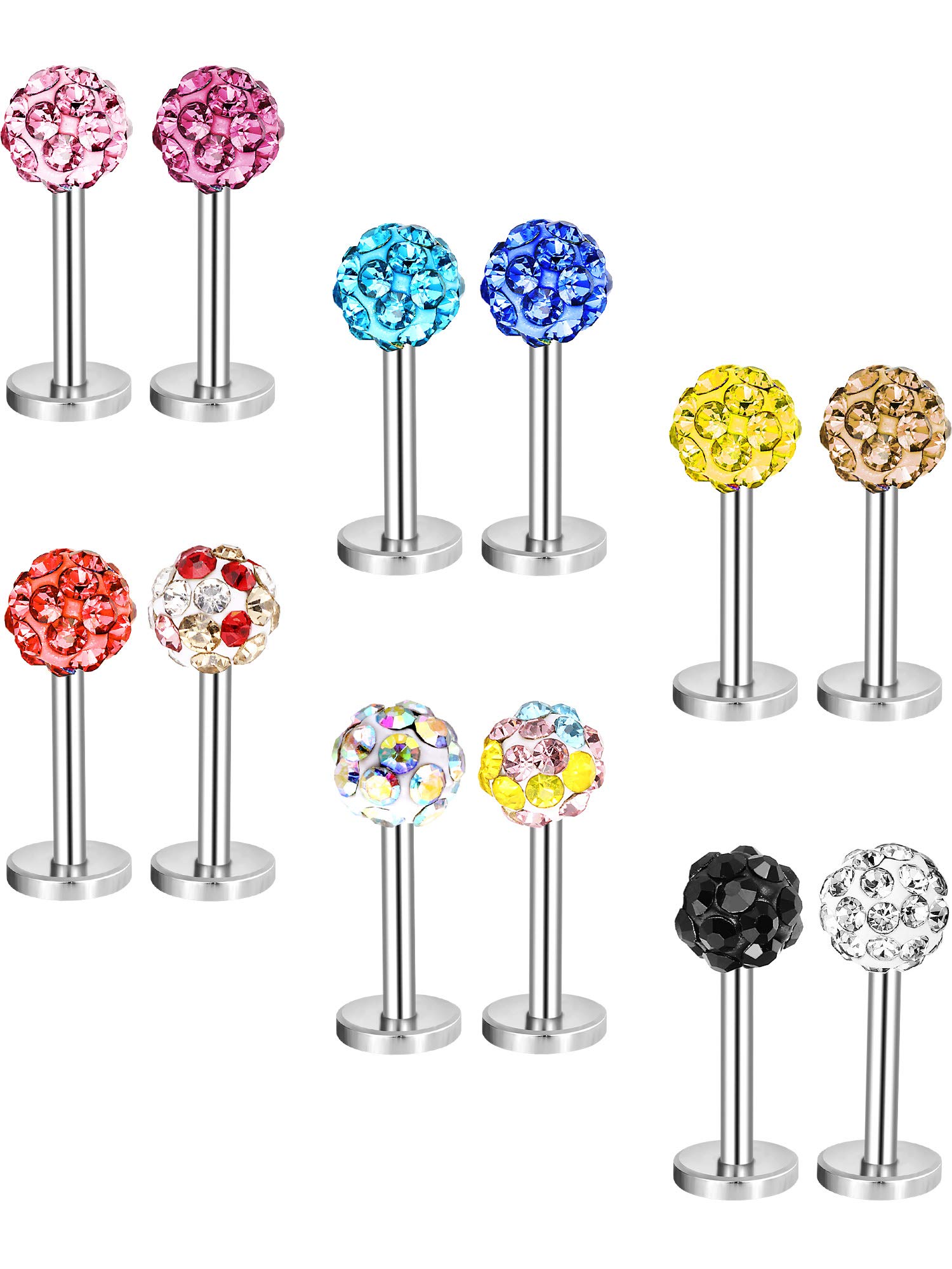 Blulu 12 Pieces 16 Gauge Stainless Steel Nose Studs Labret Bars Helix Lips Body Piercing Crystal Tragus Jewelry, 12 Colors
