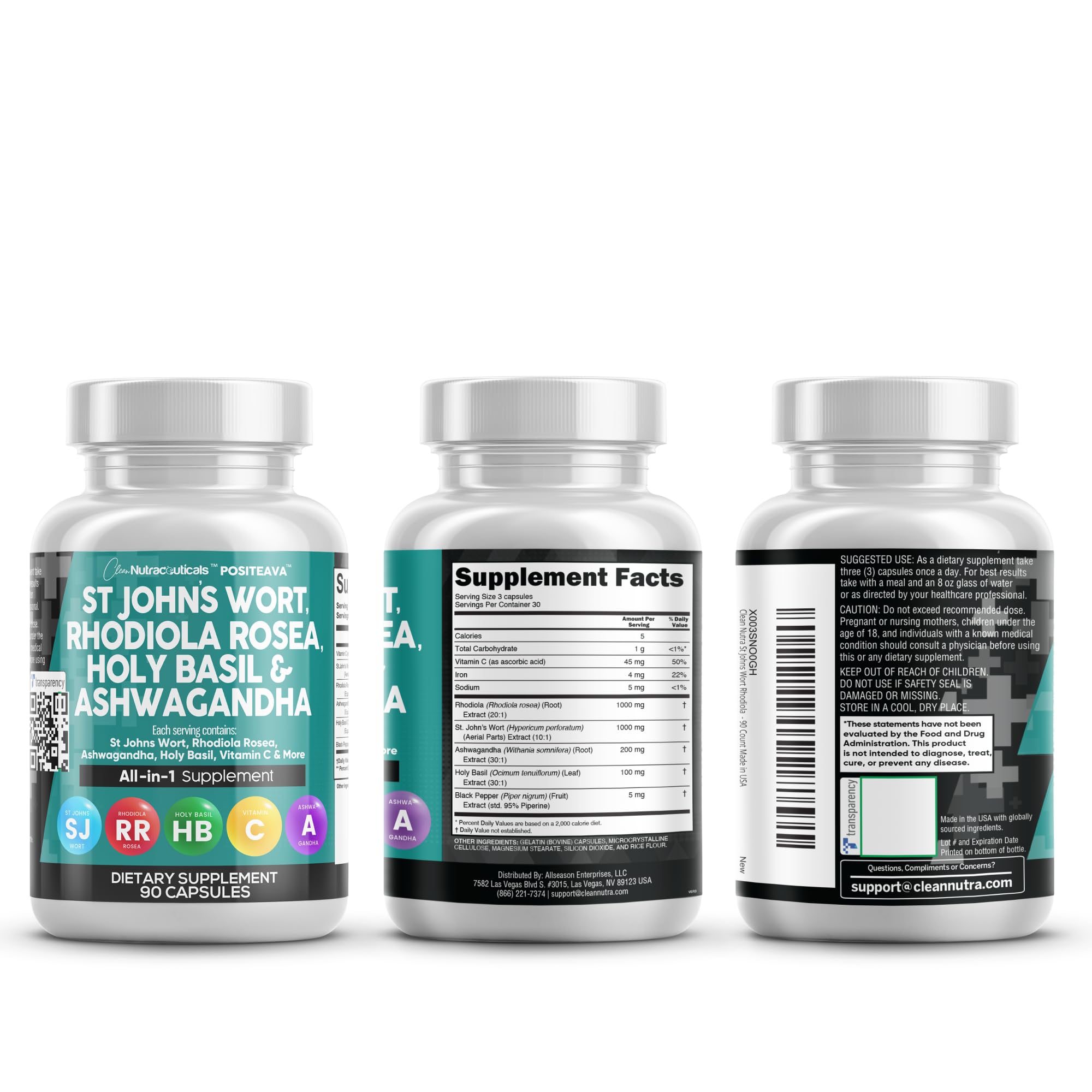 Clean Nutraceuticals St Johns Wort Rhodiola Rosea Holy Basil Ashwagandha - Mood Support for Women and Men with Vitamin C & Black Pepper Extract - 90 Caps