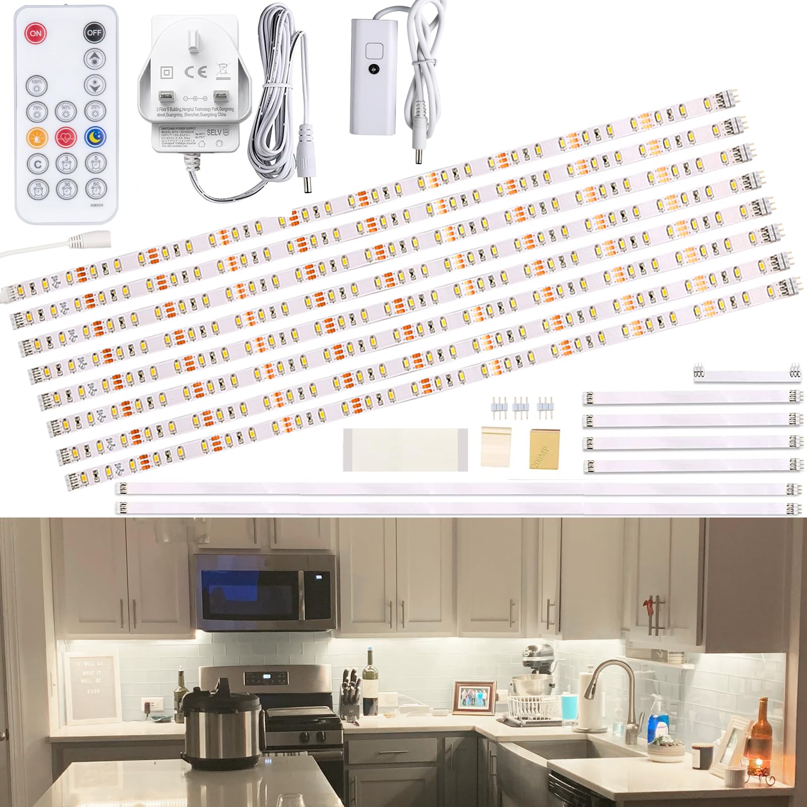 WOBANE Under Counter Light, Dimmable LED Under Cabinet Lighting, 8 * 50cm LED Strip Light Bars with Remote Control for Kitchen,Shelf,Pantry,Showcase,Desk,Cupboard 6000K White, Timing, 16W 1900LM,4m