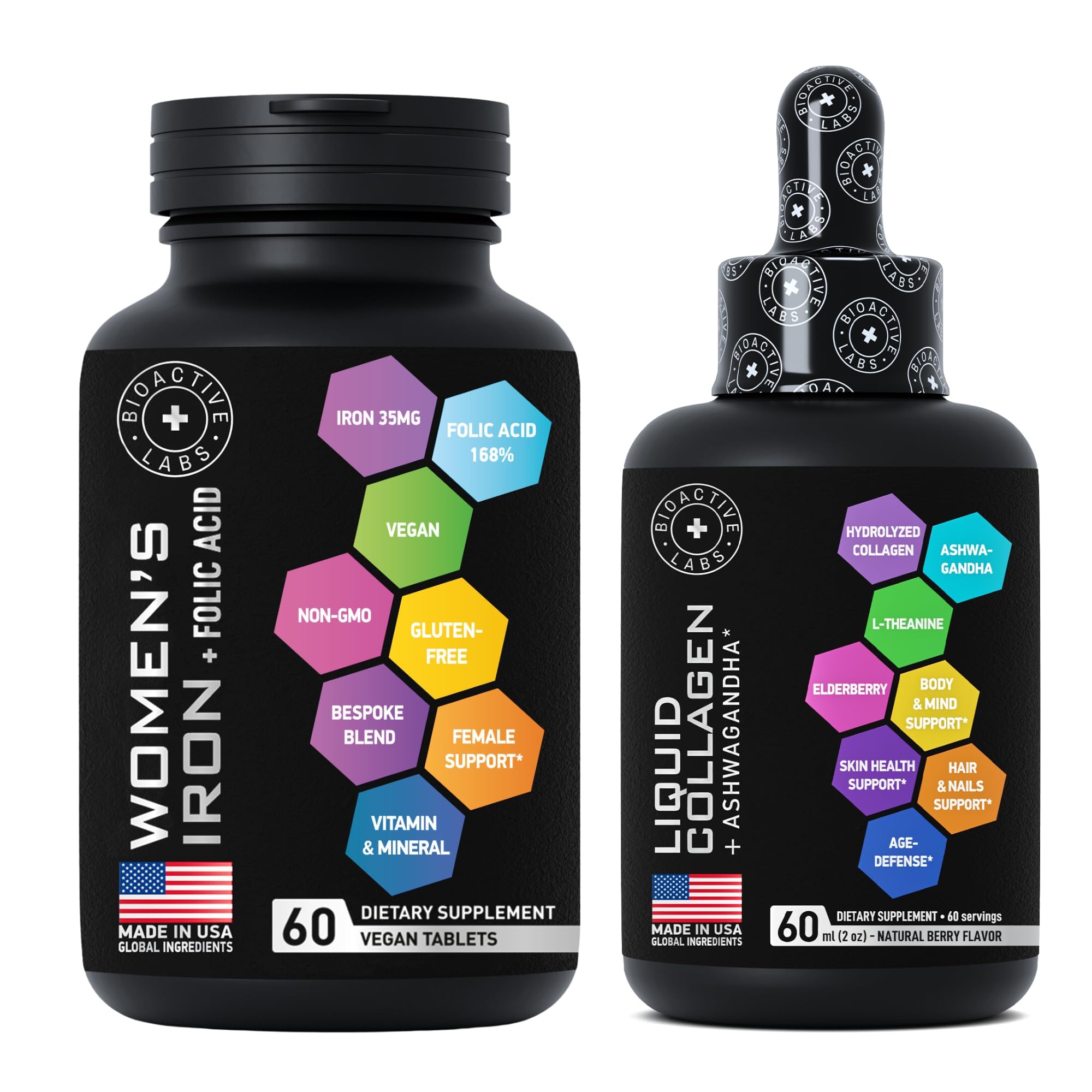 BIOACTIVE LABS Liquid Collagen with Ashwagandha and Vegan Iron Supplements with Folic Acid Female Health Support Bundle