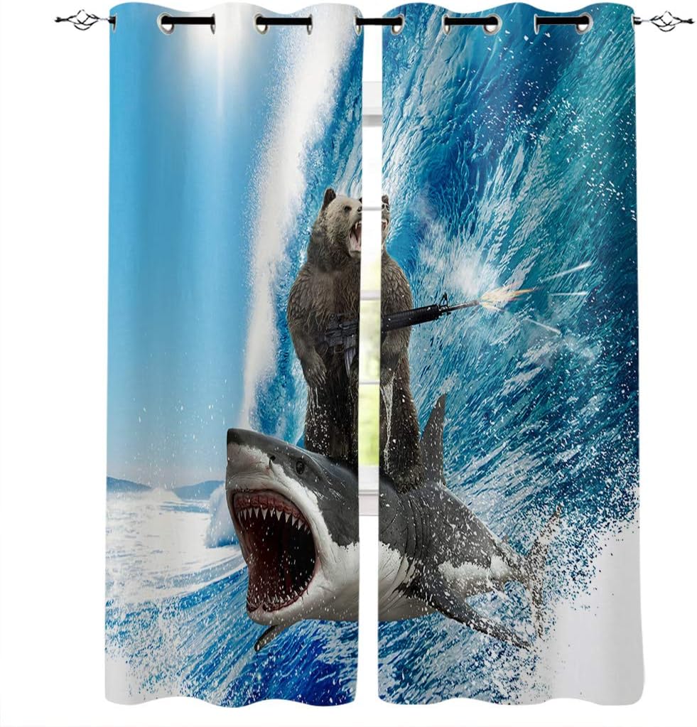 Window Curtains Thermal Insulated with Grommet for Bedroom, Window Treatment for Living Room Kitchen Bathroom Drapes -Funny Bear and Shark Surfing Machine Gun Beach Theme Blue Waves- 2 Panels 52"x96"