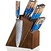 SENKEN 15-Piece Damascus Knife Block Set - "Tsunami" Collection Japanese Chef Knife Set - 67-Layer Japanese VG10 Steel Blades, Includes Chef Knife, Cleaver, 6 Steak Knives (15-Piece Knife Block Set)