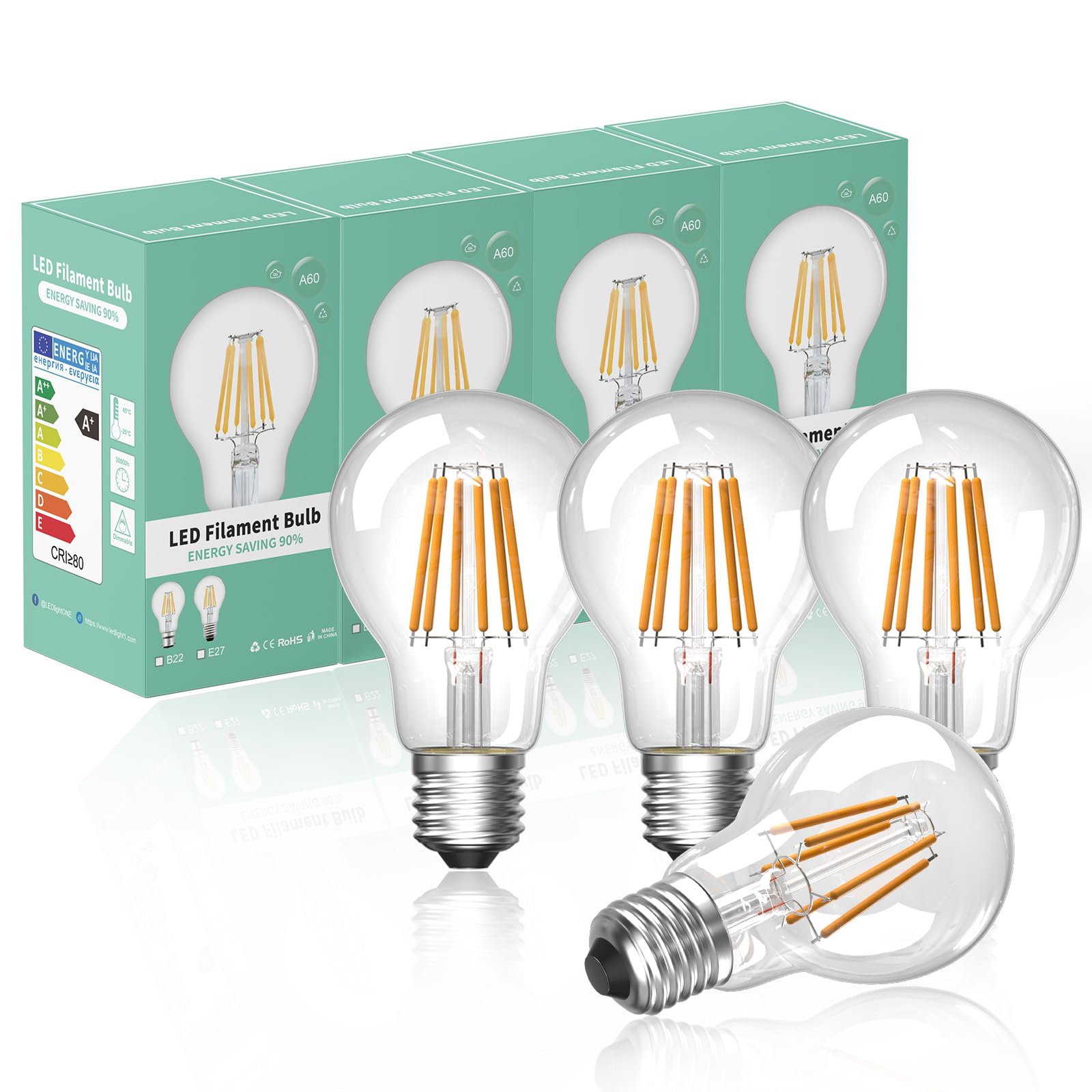 Bonlux 8W E27 Screw Antique Dimmable LED Filament Bulb Warm White 2700K ES A60 GLS Globe LED Vintage Edison Screw Light Bulb Classic 75 Incandescent Equivalent 750lm Energy Saving Bulbs(4-Pack)