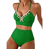 Herseas Women's Seashell Textured Bikini Sets Stitching Ribbon Shell Decoration Swimsuits High Waisted Bathing Suits