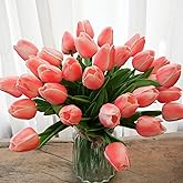 WeTop 30pcs Real Touch Tulips PU Artificial Flowers, Fake Tulips Flowers for Arrangement Wedding Party Easter Spring Home Dining Room Office Decoration (Peach)