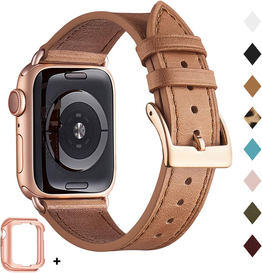 Bestig Band Compatible for Apple Watch 38mm 40mm 42mm 44mm, Genuine Leather Replacement Strap for iWatch Series 6 SE 5 4 3 2 1, Sports & Edition (Saddle Brown Band+Rose Gold Adapter, 42mm 44mm)