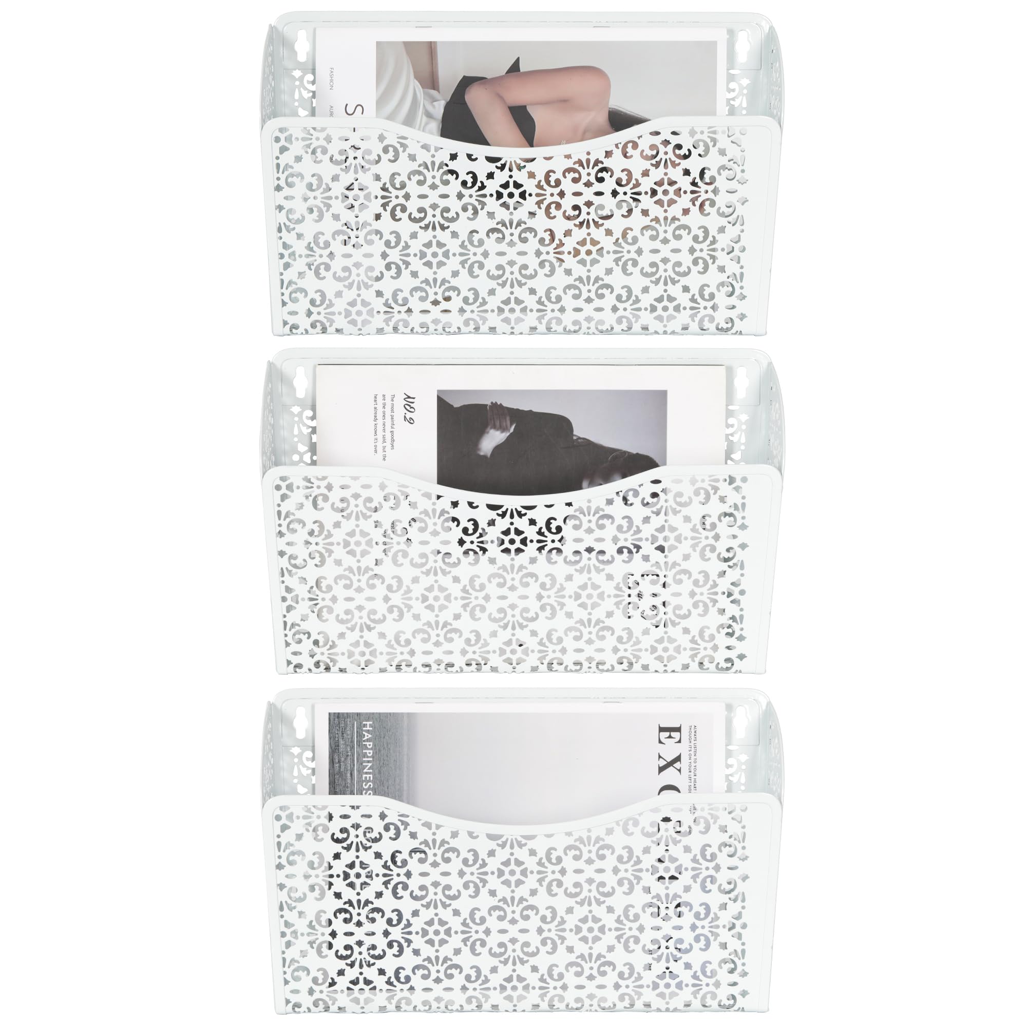 Photo 1 of EasyPAG 3 Pack Hollow Design Wall-Mounted File Organizer - Heavy Duty Metal, Vertical Space Saving, Letter Size Single Pocket Holder for Office, Home, School, White