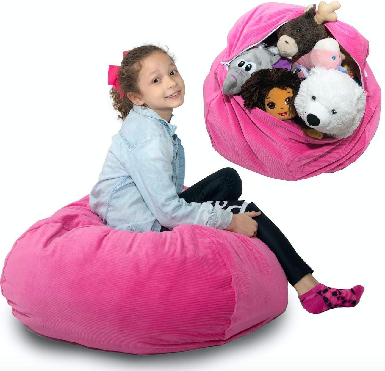 Stuffed Animal Storage Bean Bag Chair Cover ❤️ “SOFT ’n SNUGGLY” Corduroy Kids & Toddlers Prefer Over Canvas - Replace Plush Toy Hammock or Net - Store Blankets & Pillows Too - Large, 4 Colors