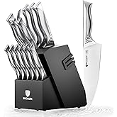 BRODARK Kitchen Knife Set with Block - 15-Piece Knife Block Set with Built-in Sharpener - High Carbon Stainless Steel Kitchen Knives Set for Kitchen - Shark Series