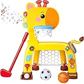 4-in-1 Toddler Basketball Hoop, Soccer Goal, Golf Toy & Ring Toss Game with Lights and Music, Kids Sports Activity Center Gif