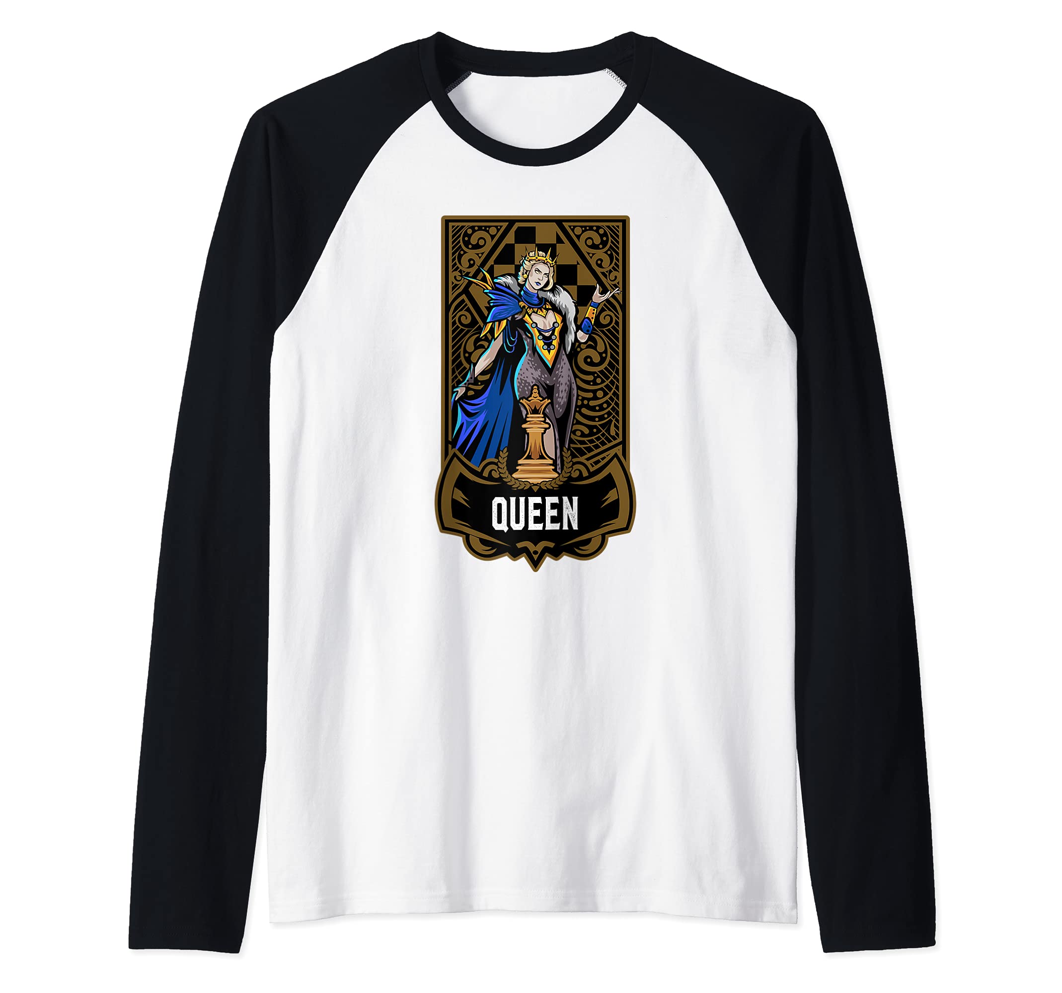 Queen Chess Game Piece Chess Club Players Gambit Blue Team Raglan Baseball Tee