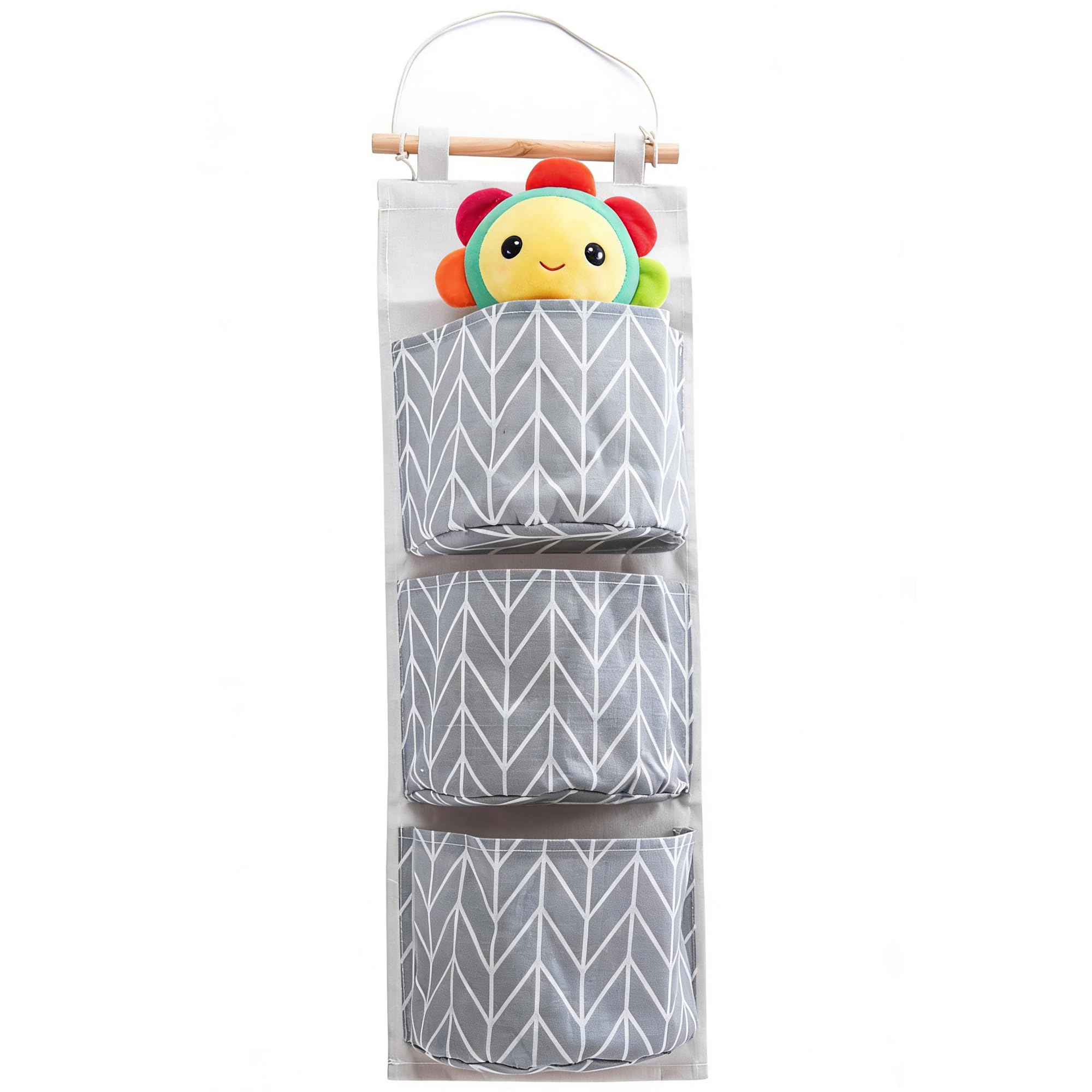 MINGZE Linen Hanging Storage Bags, Wall Mounted 3 Pocket Organizer, Over the Door Storage, Wall-mounted Wardrobe Organizer (Gray geometric pattern)