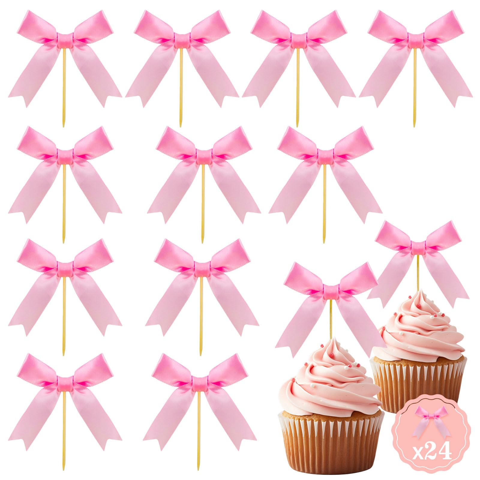 Photo 1 of Teeo Deeo Bow Cupcake Toppers – 24pcs Pink Elegant Coquette Themed Party Decorations for Weddings, Birthdays, Baby Showers – Premium Cake Topper