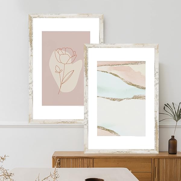 HONGKEE 16X24 FRAME SET OF 2, DISTRESSED WHITE WOOD STYLE – DISPLAY 16 X 24 PICTURE WITHOUT MAT OR 12X18 PICTURE WITH MAT, WALL MOUNTING HORIZONTAL AND VERTICAL