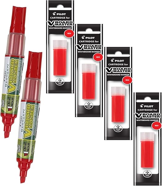 Refillable Dry Erase Markers, Pilot V Board Master, 2 Red Ink Chisel Tip Low Odor Markers with 4