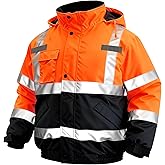 Rhino Hit Safety Jacket for Men, Waterproof High Visibility Reflective Bomber Jacket with Pockets and Zipper, ANSI Class 3