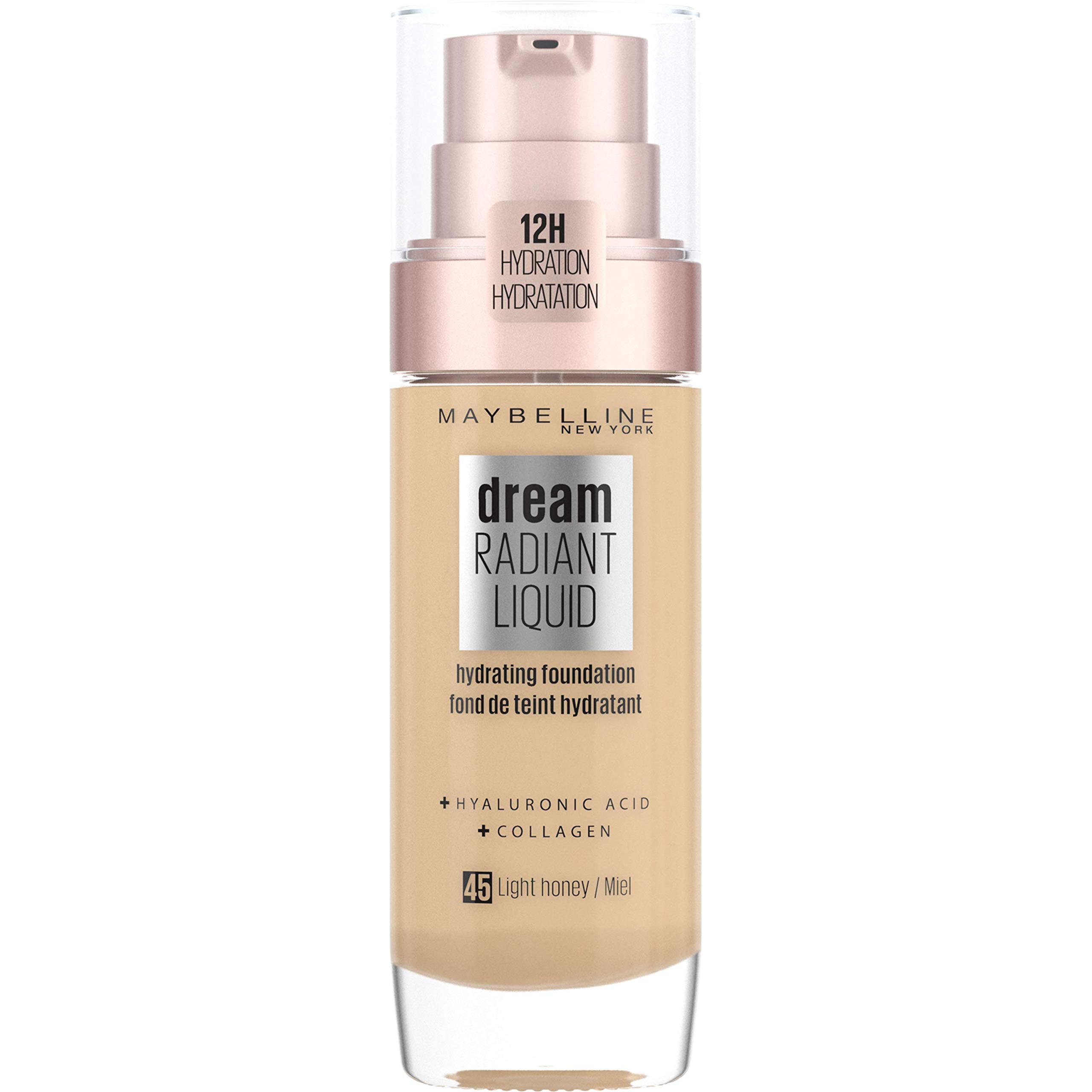 Maybelline Foundation, Dream Radiant Liquid Hydrating Foundation with Hyaluronic Acid and Collagen - Lightweight, Medium Coverage Up to 12 Hour Hydration, 45 Light Honey
