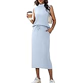 Casly Lamiit Women's 2 Piece Set Summer Casual Sleeveless Mock Neck Top Midi Skirts Lounge Travel Outfit