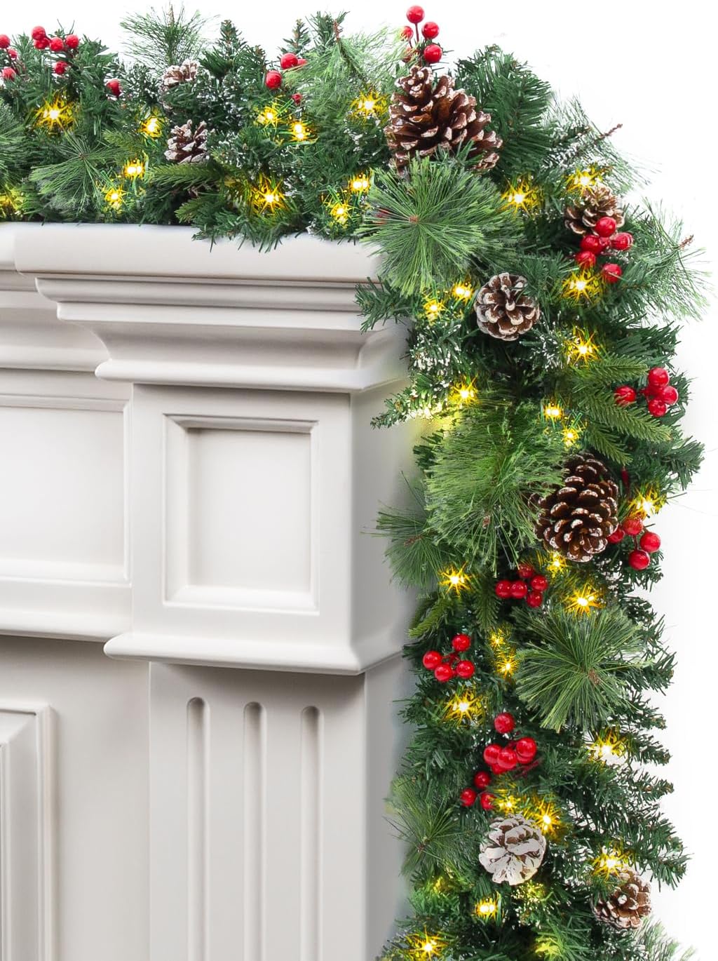 Wreaths, Garlands & Swags - Winisok 9 Ft Prelit Christmas Garlands with 100 Lights Battery Operated Timer, 326 PCS Rich Garland Christmas Decorations Artificial Branches Natural Pine Cone Outdoor Indoor Mantle Fireplace Decor