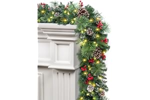 Winisok 9 ft Prelit Christmas Garlands with 100 Lights Battery Operated Timer 8 Modes, Faux Pine Needle Garland Christmas Decorations for Mantle, Stairs, Fireplace, with Huge Pine Cones, Berries
