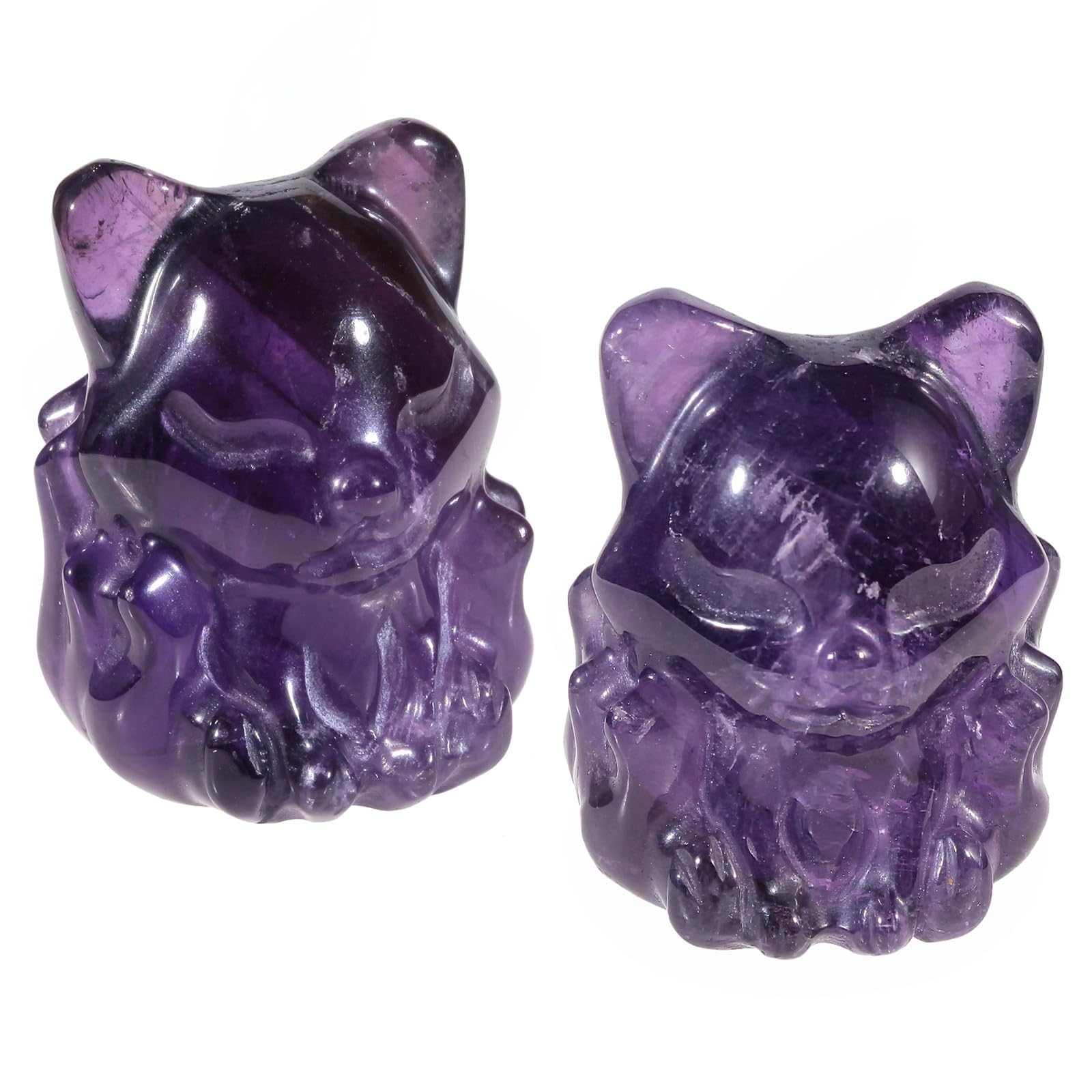 Nupuyai 2pcs Fox Mini Amethyst Crystal Stone Statue Carved Animal Figure, Stones Pocket Figurine Hand Carved Stone Ornament Home Office Decor