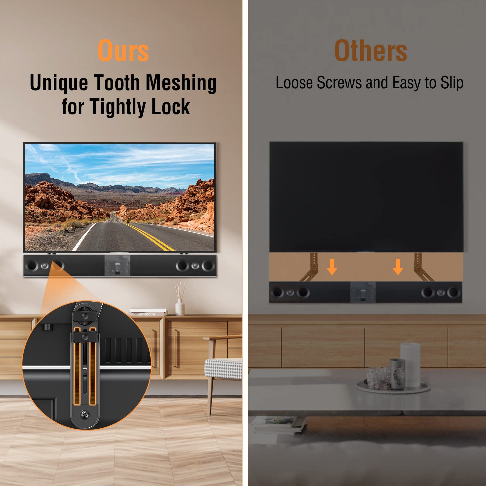 ELIVED Soundbar Mount, Sound Bar TV Bracket, for Mounting Above or Under TV, Fits Most Sound Bars Up to 15 Lbs, Tool-Free Knob Adjustable, for 23-90