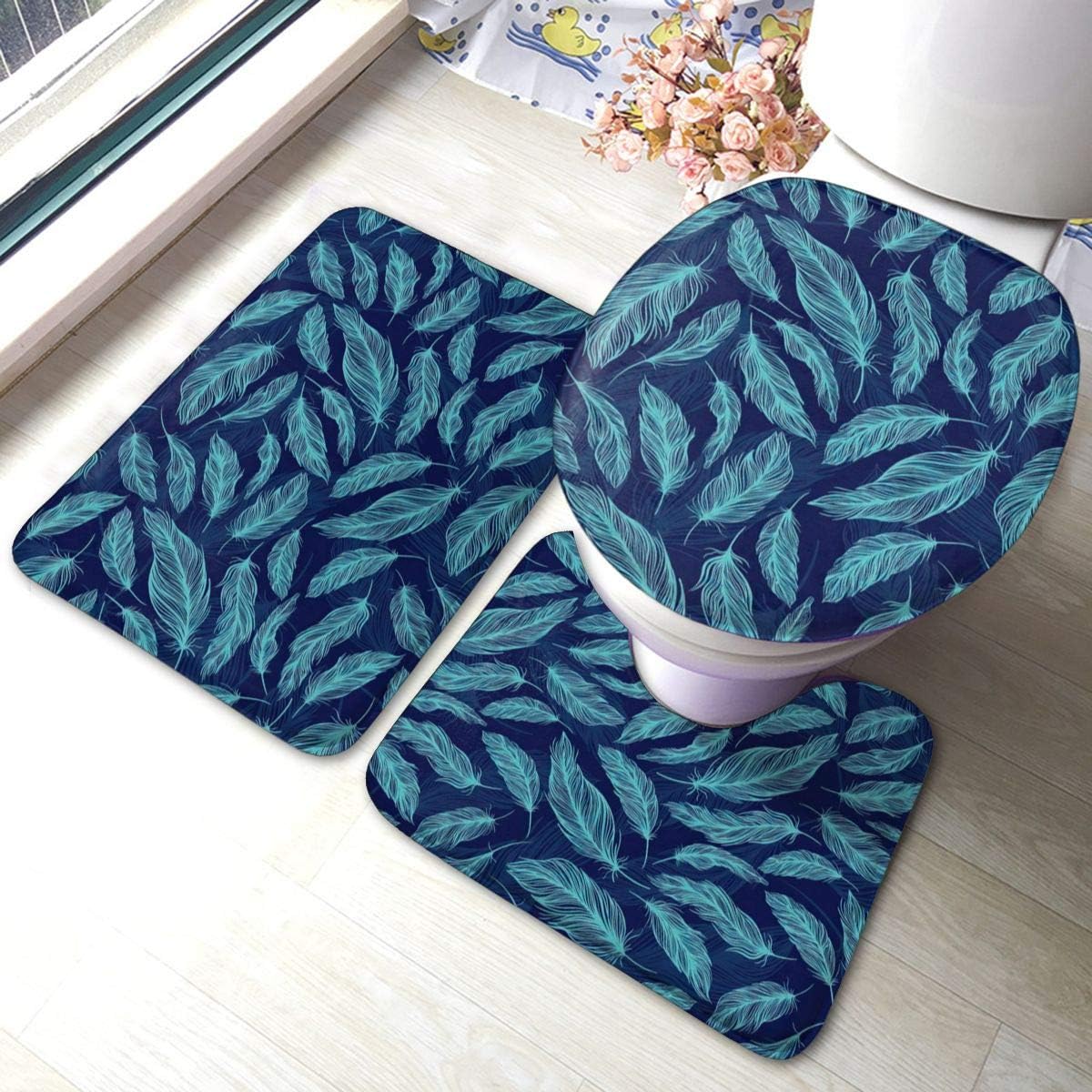 Green and Blue Feather Pattern Bathroom Rugs Set 3 Piece