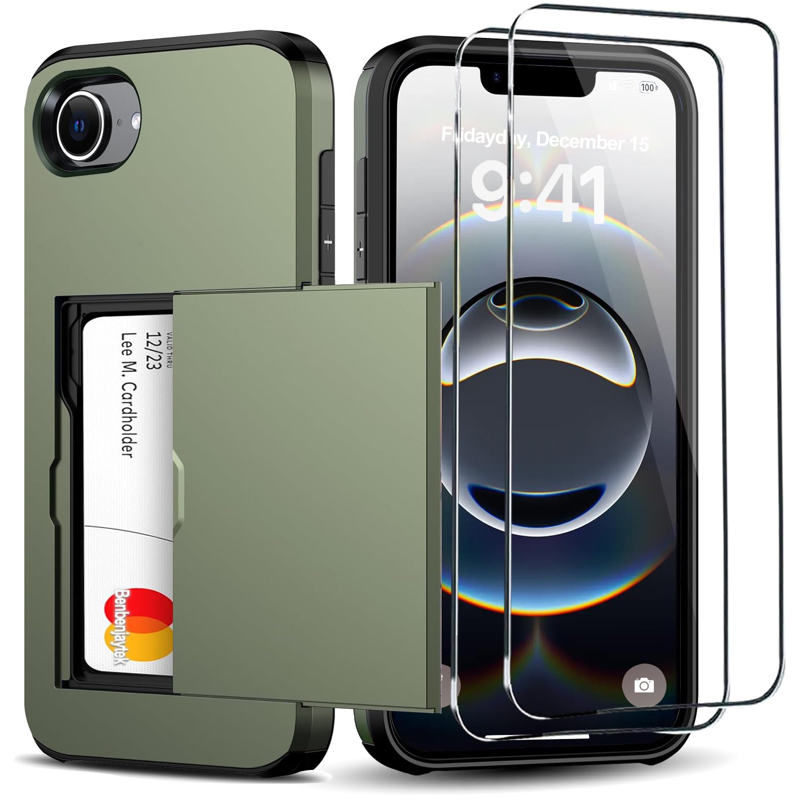 Photo 1 of Benbenjaytek for iPhone 16e Wallet Case with Card Holder + 2 Tempered Glass Screen Protector Protective Shockproof Hidden Card Slot Slim Case Women Men for iPhone 16e 6.1"(Deep Green)