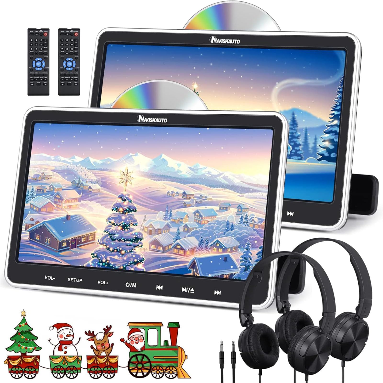 NAVISKAUTO 10.1" Dual Car DVD Players with HDMI Input, 2 Headphones, 2 Mounting Bracket, Support Sync Screen, Region Free(2 Headrest DVD Players)